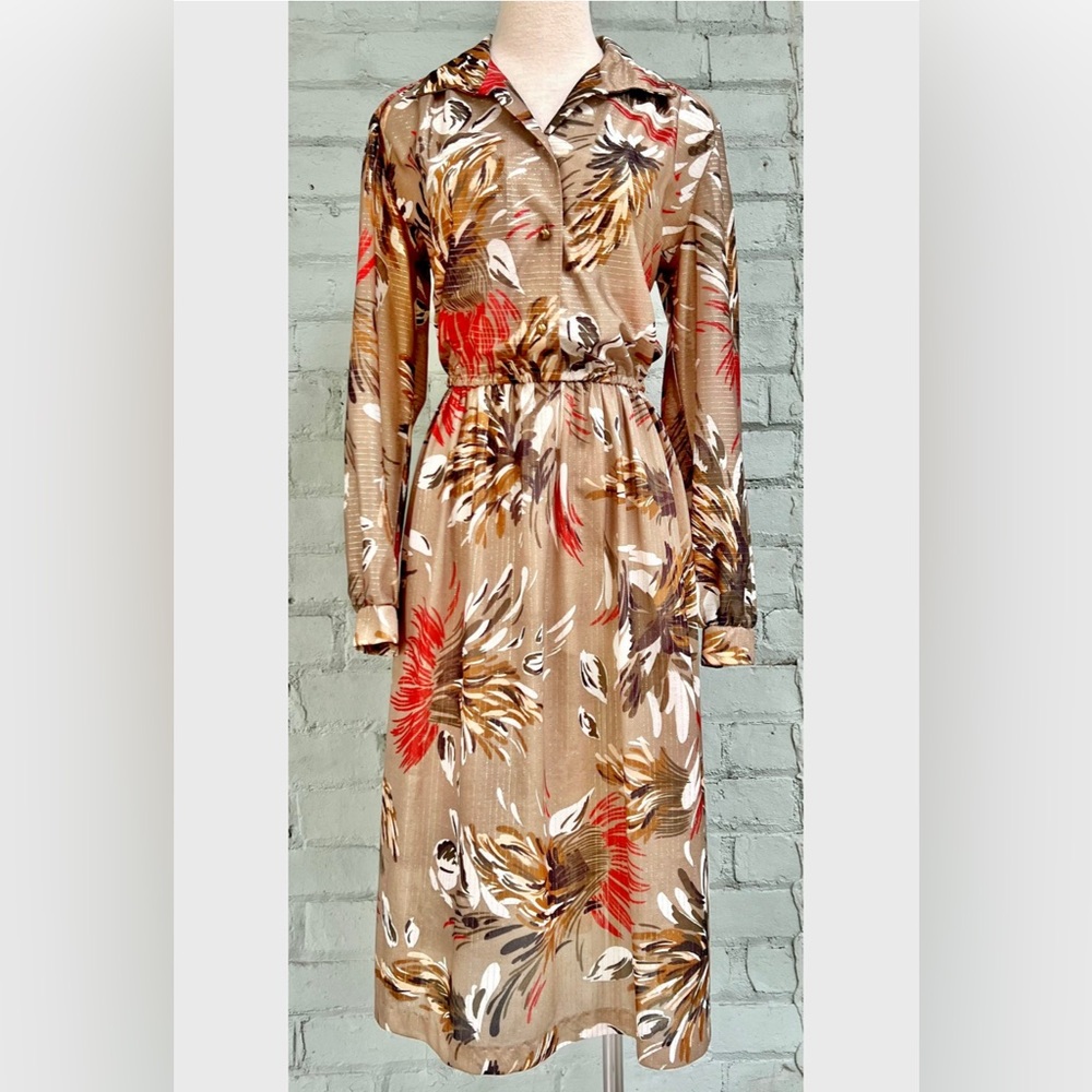 Vintage 80s Floral Midi Collared Dress